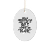 Funny Administrative Assistant Oval Ornament Gifts from Coworkers for Christmas - 'I'm An Administrative Assistant. My Level Of Sarcasm Depends On Your Level Of Stupidity.' - Image 1